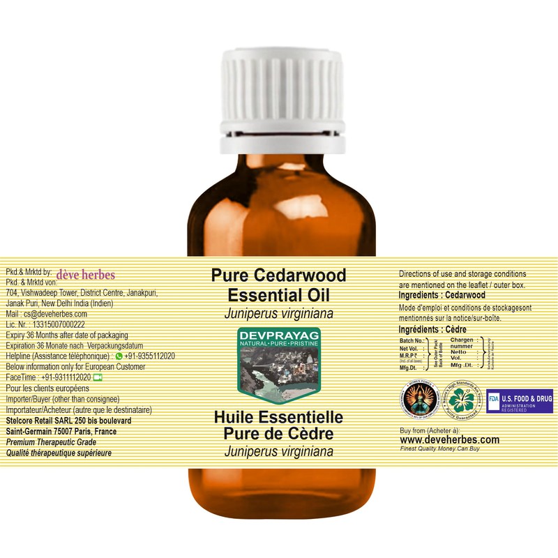 Devprayag Pure Cedarwood Essential Oil (Juniperus virginiana) Natural Therapeutic Grade