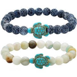 Rumnoke Turtle Bracelet Nature Stone Beads Bracelets 2Pcs Turquoise Elastic Rope Bracelet for Women Blue Frosted