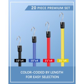 20 Pack Rubber Bungee Cords Heavy Duty Outdoor, 10 15 21 31 Inch Bungee Straps with Upgraded Hooks, Weatherproof Tarp Straps with 1.9X Max Stretch & 100% Rubber for Cargo, Van, Truck, Motorcycle, etc
