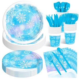 175 Pcs Snowflake Winter Wonderland Tableware Set - Serves 25, Snowflake-Themed Disposable Plates, Cups, Napkins, Forks, Spoons, Knives for Christmas, Winter Party Supplies, Holiday Gatherings
