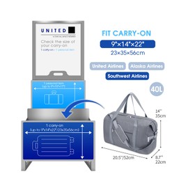 Narwey Carry on luaggage 22x14x9 Airlines Approved Foldable Carry on Bag Travel Duffel Packable Duffle with Wet Pocket Overnight for Women and Men 40L (Grey)