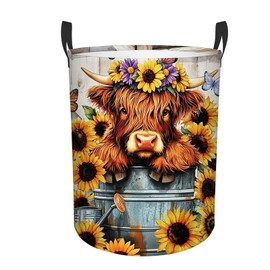 REETOOK Highland Cow Laundry Basket, 43L Sunflower Oxford Cloth Laundry Hamper, Waterproof Collapsible Storage Organizer Bin with Handles for Bedroom, Nursery Home Storage, 13.8x17.7"