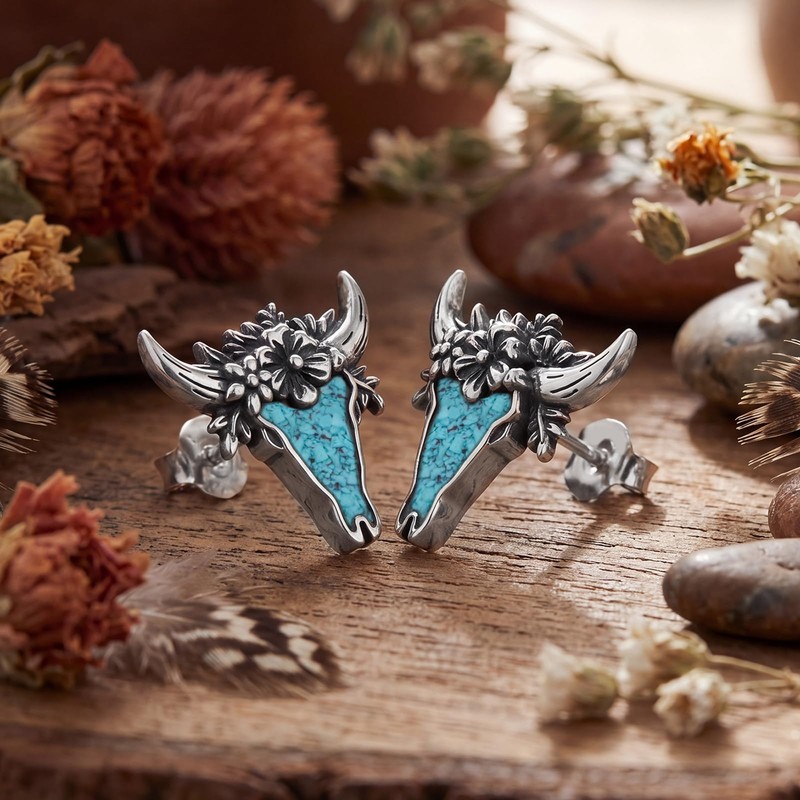 925 Sterling Silver Western Turquoise Cow Skull Stud Earrings for