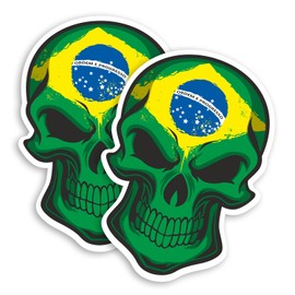 2 x Glossy Vinyl Stickers - Brazil Flag Skull Funny Laptop Decal #0125 (As Shown.)