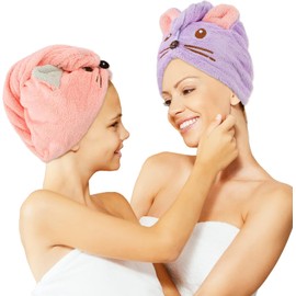 Whaline - Paquete de 2 toallas de pelo de secado rápido para padres e hijos, lindas toallas de pelo de mouse, color morado y rosa, súper absorbentes para mujeres, padres e hijos, pelo largo y grueso