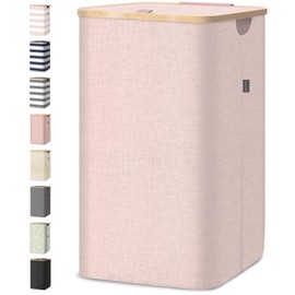 BALEINE Laundry Hamper with Lid, Tall Laundry Baskets with Bamboo Pull Handles, Large Laundry Bin with Internal Support (18 Gal/70L, Pink)