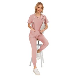 Meichoon Medical Scrubs for Women Set Neckline Slim Top Quick Dry Drawstring Yoga Jogging Pants Soft Skin Friendly Quick Drying DK53Pink XXL