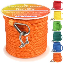 VEITHI Boat Anchor Rope 100 ft x 1/2 inch Orange, Double Braided Anchor Line with Stainless Steel Thimble & Shackle, Marine Rope Ideal for Towing,Mooring,Decks,Anchoring,for Boats Up to 35'