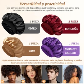 Seerjik 6 Piezas Gorro de Seda para Dormir,Gorro de Satin para Dormir con 200 Pcs Ligas para Cabello Elásticas,Reutilizable Gran Elasticidad Kit de Gorra de Baño Mujer,Silk Bonnet de Seda para Dormir,Belleza,Cuidado de la Piel,Maquillaje