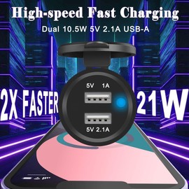 MKBKLLJY 2 Stück Dual-USB-Schnellladegerät Steckdose 1A und 2.1A DC 12V–24V wasserdicht Aluminium blaues LED-Licht mit Montageplatte 60cm Kabel Sicherungsklemme für Auto Boot Wohnmobil Mobil