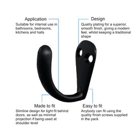 EAI Single Robe Hook for Coats Bath Towels 37x25mm Pack of 4 (Matt Black)