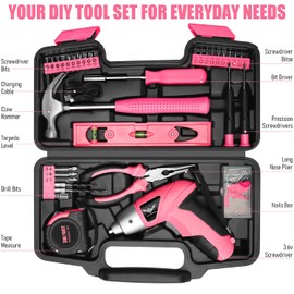 JENABOM Cordless Screwdriver Rechargeable 3.6V, Pink Tool Kit with Small Drill, 112 PCS Home Tool Set for Home, Hand Tool Kits for Women