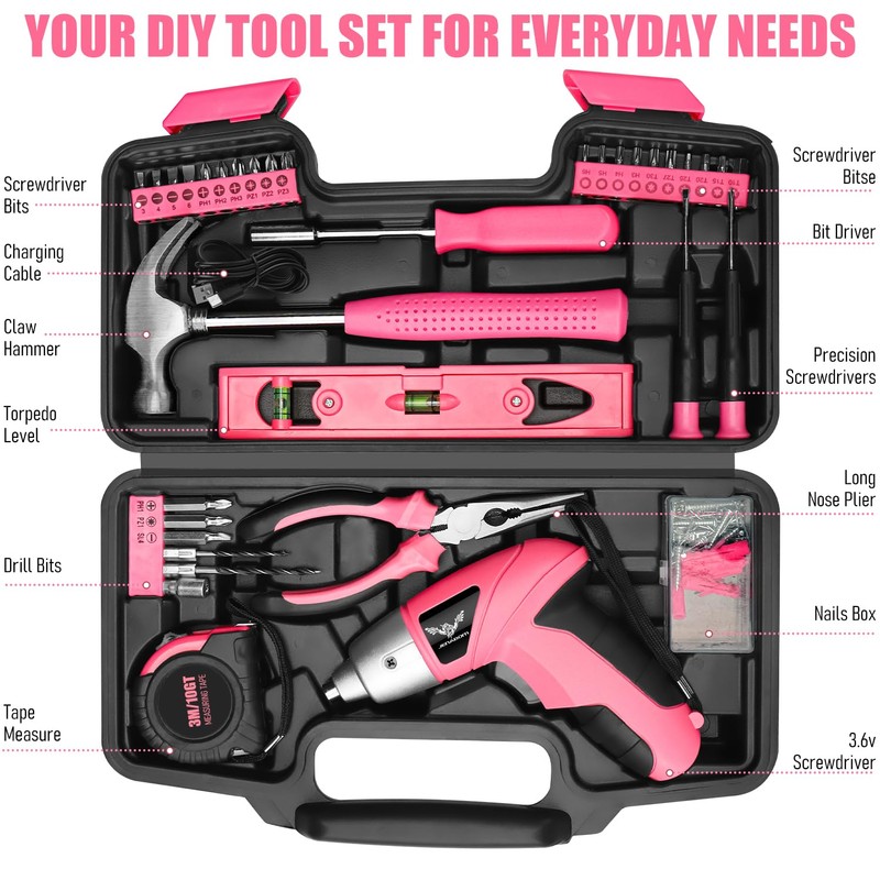 JENABOM Cordless Screwdriver Rechargeable 3.6V, Pink Tool Kit with Small