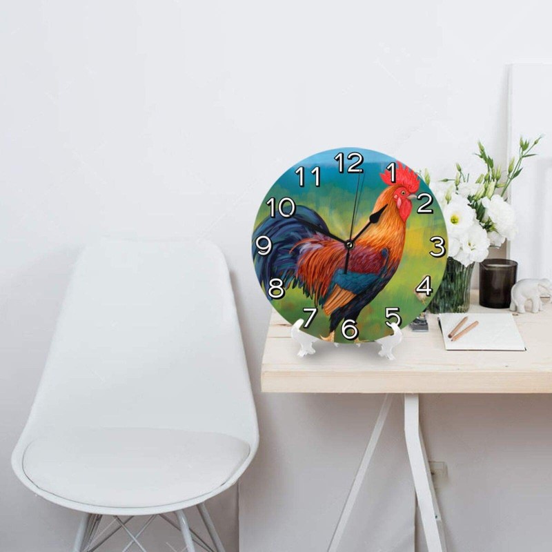 Abucaky Rustic Rooster Chicken Wall Clock Battery Operated Silent Round