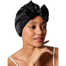 LilySilk Women 100% Mulberry Silk 19 Momme Vintage Sleep Cap with Bow Front Adjustable Size French Style Sleep Cap Cute Hair Care Silk Cap, black