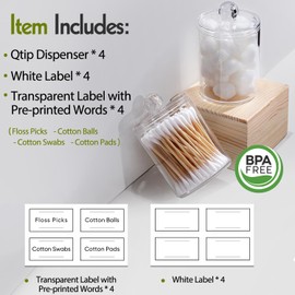 4 Pack Acrylic Qtip Holder Dispenser for Cotton Swabs, Balls, Pads, Floss Picks- Small Clear Plastic Canister Apothecary Jar Set, Bathroom Essentials Accessories Decor, Vanity Makeup Storage Organizer | AOZITA