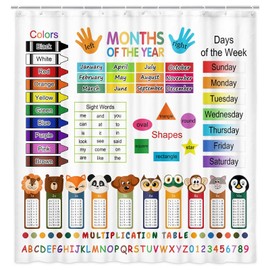 ABC Educational Shower Curtain for Kids, Learning Bathroom Decor Set with Grommets and Hooks, Multiplication Table Theme, Colorful