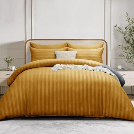 SSW HOMES King Size Duvet Cover Sets Satin Stripes Quilt Cover Bedding Sets with Pillowcases Hypoallergenic Ultra Soft Microfiber (Ochre, 220 x 230 cm)