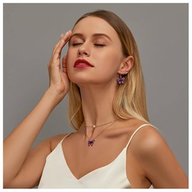 Butterfly Necklace Earrings Set Faux Pearl Pendant Double Chain Jewelry for Women Girls Teens Gold Plated (Purple)