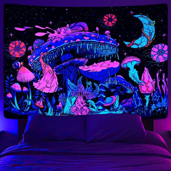 Yrendenge Blacklight Mushroom Tapestry, UV Moon and Stars Wall Hanging, Plants Tapestries Glow in the Dark, Starry Night Sky Tapestry Aesthetic, Wall Hanging for Bedroom 59 * 51 inches (150 * 130cm)