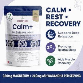 Magnesium Glycinate 3-in-1 Complex 1850mg Bisglycinate, Citrate & Malate with KSM-66 Ashwagandha | 350mg Elemental Magnesium 93% NRV High Absorption Nutrian Calm+ | 90 Vegan Capsules - 45 Days Supply