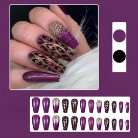 SHUXILIN Leopard Print Press On Nails, Square Acrylic False Nails, 24 Pcs, Animal Print Glitter Coffin, Full Cover Nail, Multicolor