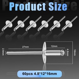 60 Pieces Blind Rivets, Aluminium Alloy Blind Rivets with Large Head 4.8 x 12 mm, Silver Blind Rivets Set, Rivets Set, Suitable for Connecting Lightweight Materials