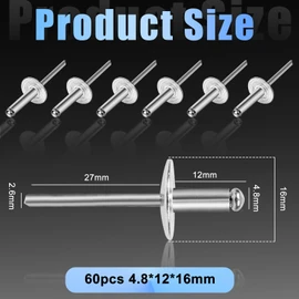 60 Pieces Blind Rivets, Aluminium Alloy Blind Rivets with Large Head 4.8 x 12 mm, Silver Blind Rivets Set, Rivets Set, Suitable for Connecting Lightweight Materials