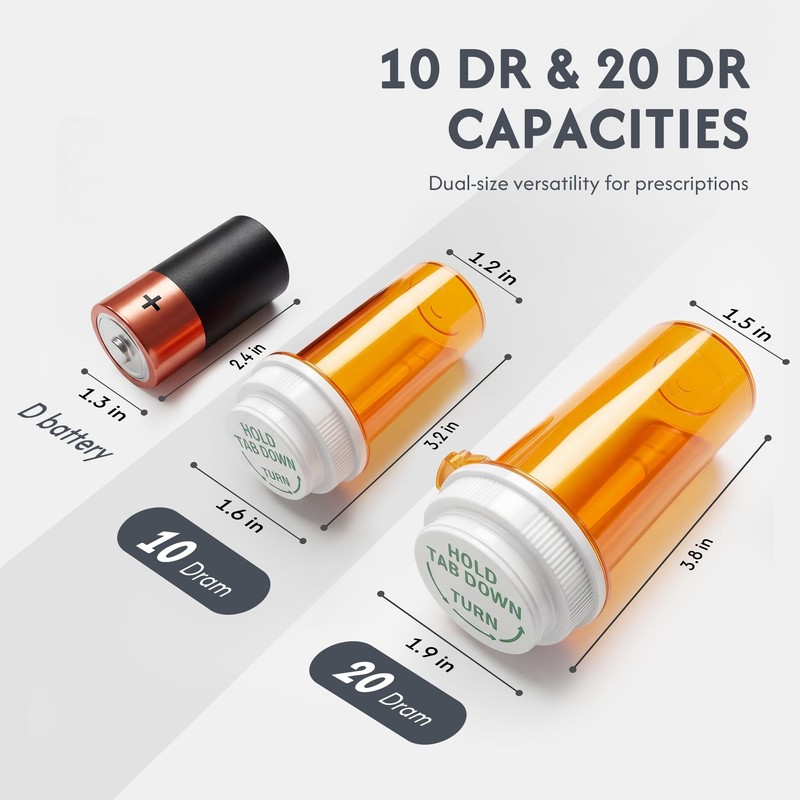 Zoeynex 12-Pack 10DR Amber Pill Bottles, Reversible Child-Resistant Caps