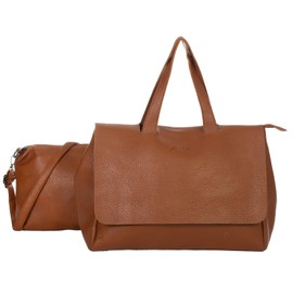 Mabel London Womens Soft Leather Retro Vintage Top-Handle Tote Shoulder Handbag with Make up Bag - Cloe (Tan)