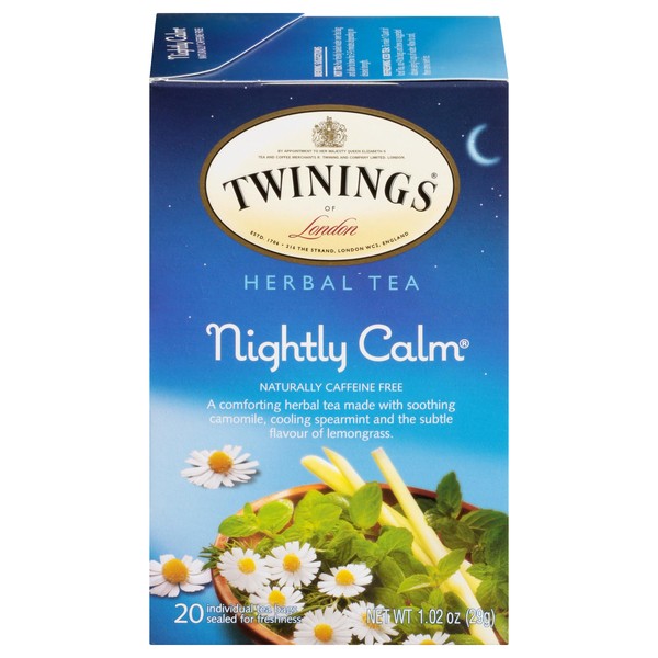Twinings Nightly Calm Herbal Tea, 20 Count Pack of 6, Individually Wrapped Tea Bags, Camomile, Spearmint & Lemongrass, Caffeine Free