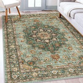 TOPRUUG TOPRUUG Washable Oriental Area Rug - 5x8 Rugs for Living Room Soft Carpet for Bedroom Waterproof Floral Distressed Indoor Stain Resistant Non-Shedding Floor Carpets (Green, 5x8)