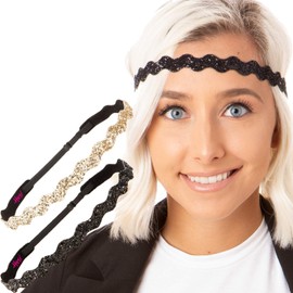 Hipsy PETITE Size, Adjustable No Slip Sparkly Bling Glitter Wave 2pk Headbands for Women Girls & Teens (Wave Black & Gold)