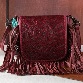 Montana West Genuine Leather Tooled Fringe Crossbody Bag with Floral Design and Adjustable Strap - Color: Pink