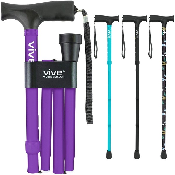 Vive Folding Cane - Foldable Walking Cane for Men, Women - Fold-up, Collapsible, Lightweight, Adjustable, Portable Hand Walking Stick - Balancing Mobility Aid - Sleek, Comfortable T Handles (Purple)