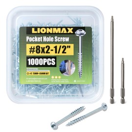 LIONMAX Pocket Hole Screws 2-1/2 Inch, 1000 PCS Interior Pocket Screw #8 x 2-1/2", Coarse Thread, Square Drive, Washer Head, Zinc Plated, 150MM and 75MM Drive Bit Included