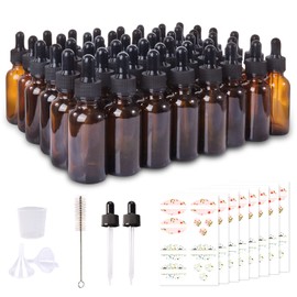 Comrzor Comrzor 48 Pack 1oz Amber Glass Bottles with Glass Eye Droppers for Essential Oils, Perfumes & Lab Chemicals (Brush, Funnels, 2 Extra Droppers, 54 Pieces Labels & 30ml Measuring Cup Included)