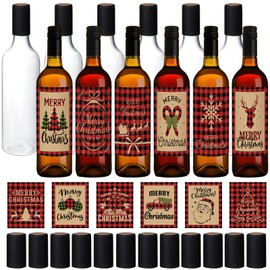 Maxcheck 12 Pcs 25 oz Christmas Plastic Wine Bottles Set with Shrink Capsules and Label Stickers Airtight 750ml Empty Clear Liquor Bottles with Lid Brewing for Wine Making Homemade Xmas Gift(Elegant)