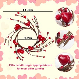 2 Pcs Valentine Candle Rings Wreaths Mini Wreath Red Heart Candle Holder Rings for Wedding Windows Table Centerpieces