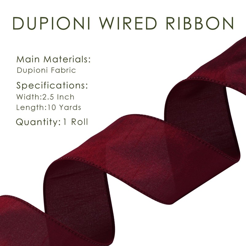 LaRibbons Burgundy Ribbon Wired Christmas Dupioni,2.5" x 10 Yards