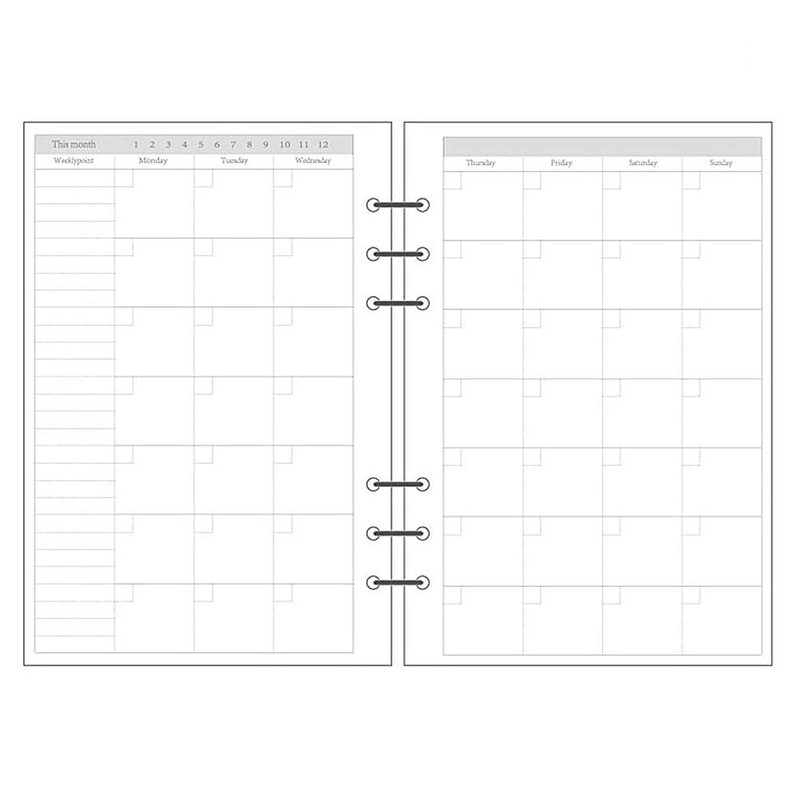 6 Ring Binder Refill, Undated A5 Planner Inserts, Monthly Planner