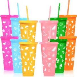 Skylety 12 Pieces 24 oz Hawaiian Tropical Party Cups Luau Tumbler Cups with Straw and Lid Reusable Plastic Drinking Mug for Beach Hawaiian Luau Tiki Party Supplies Drinkware Decorations