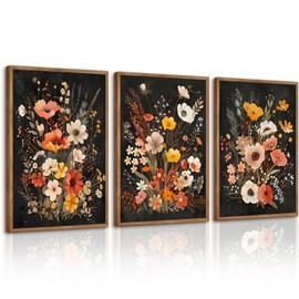 Moody Floral Wall Art Dark Academia Canvas Prints Vintage Botanical Wall Decor Black Flower Pictures Moody Wildflower Painting Cottagecore Artwork for Bedroom Living Room 16x24 Inch Unframed Set of 3