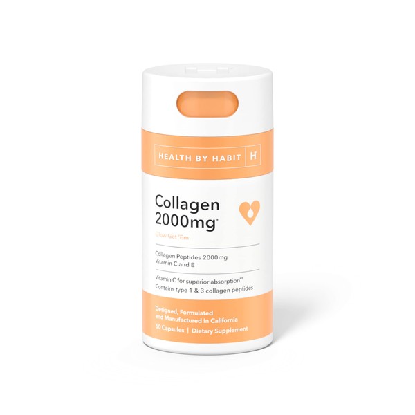 Health By Habit Collagen Supplement (60 Capsules) - Vitamin C & Vitamin E, 2000mg, Collagen Peptides, Superior Absorption, Support Your Skin, Non-GMO, Sugar Free (1 Pack)