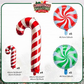 Christmas Candy Cane Foil Balloons, 22 Pcs Sweet Christmas Round Swirl Candy Cane Mylar Balloons, Red Green Xmas Lollipop Cane Balloons for New Year Candies Candyland Theme Birthday Party Decorations