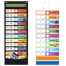 Daily Schedule Pocket Chart Kit,40 Bright Attractive Double-Sided Reusable Erasable Cards,1 Title Card,13+1 Scheduling Pocket Chart with 2 Hangers for Classroom Office Home Preschool Learning (Black)