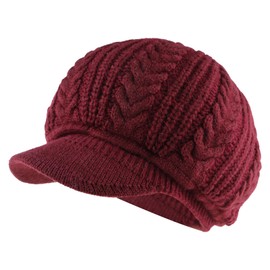 PESAAT Winter Women Knitted Hat Warm Lined Beret Hats Woman Solid Color Visor Hats (Dark Red-2)