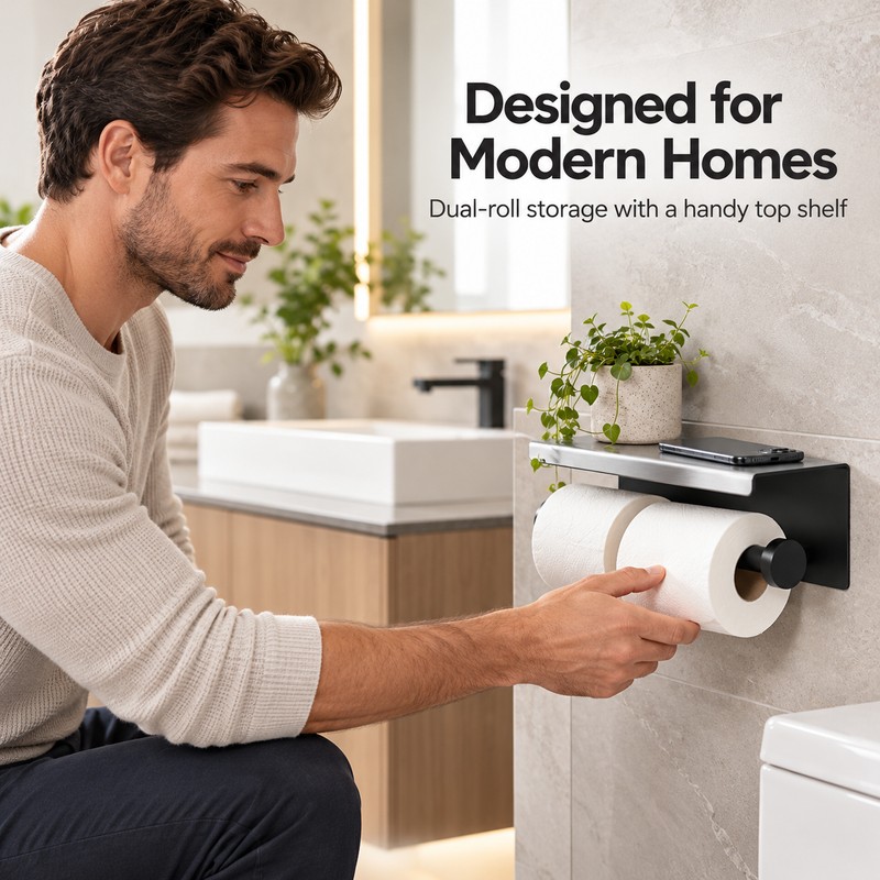 Double Roll Toilet Paper Holder with Shelf – Wall-Mounted Stainless