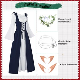 FOVER Renaissance Costume Gothic Clothing Women's Medieval Renaissance Dress Vintage Dresses Carnival Costume Pirate Cosplay Outfit with Head Chain Flower Wreath Elf Ears Knee-High Stockings FR060XXL