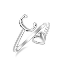 SILBERTALE 925 Sterling Silver Heart Ring with Letters Adjustable Size 50 to 58 Initial A-Z Letter Ring Individual Fashion Jewellery with Gift Box, Silver